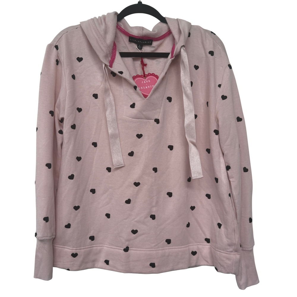 Jane + Delancey Womens Pink Heart Print Hoodie Split V-Neck Sweatshirt Small NWT
